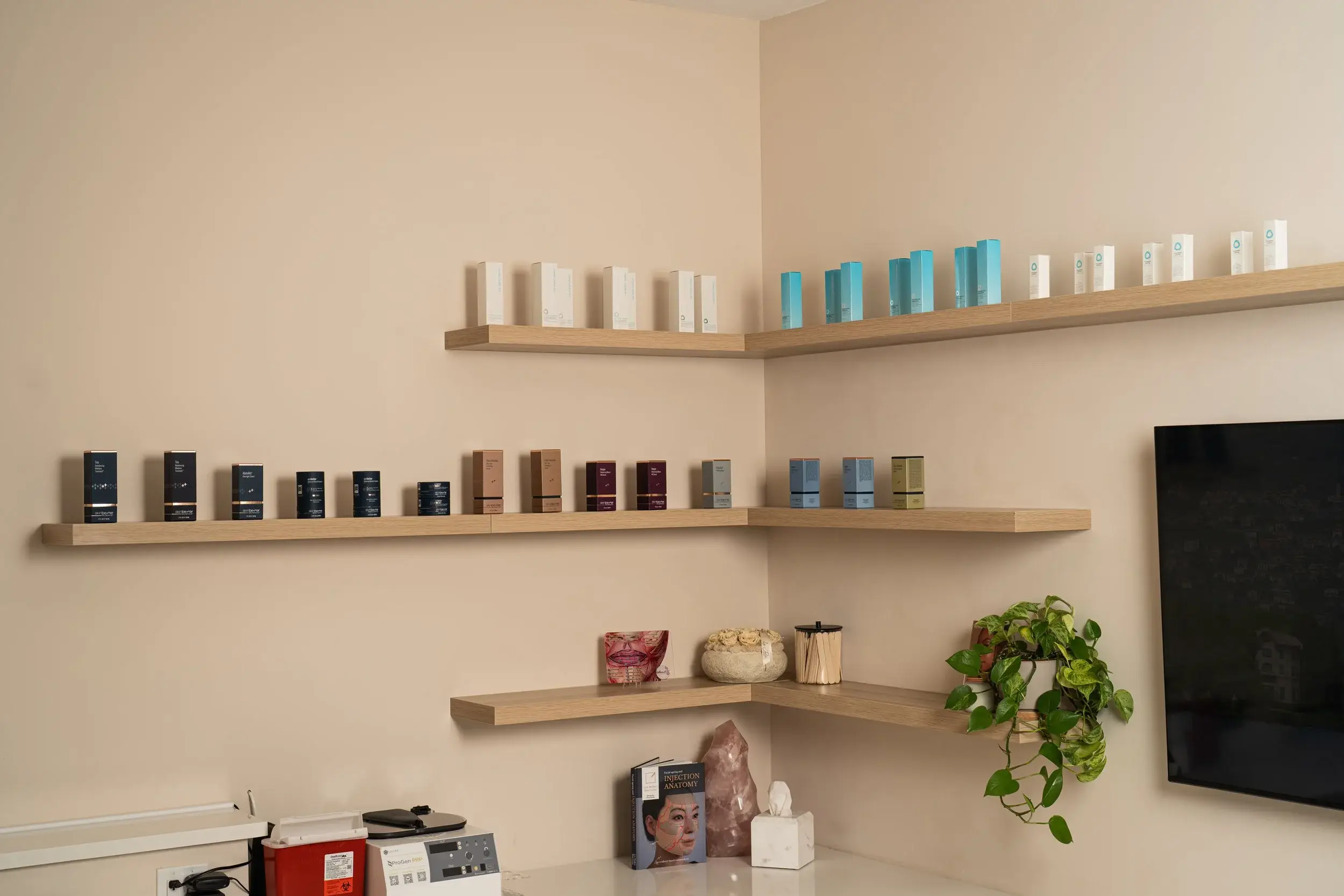 Retail shelves at the boutique stocked with skinbetter science and The Perfect Derma products